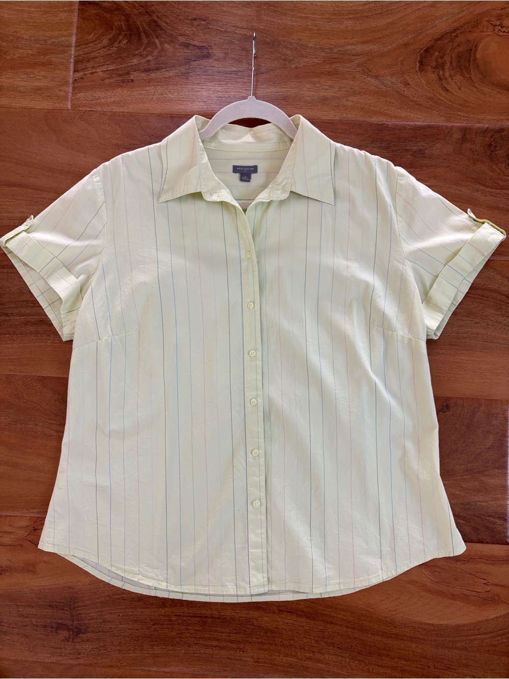 Ann Taylor pale yellow Striped Short Sleeve Button-Down Shirt